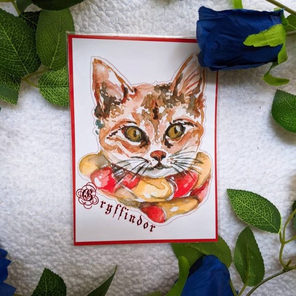 Gryffindor Harry Potter Cute Cat Art Print, Watercolor Hand-painted Drawing - Picture 3 of 3